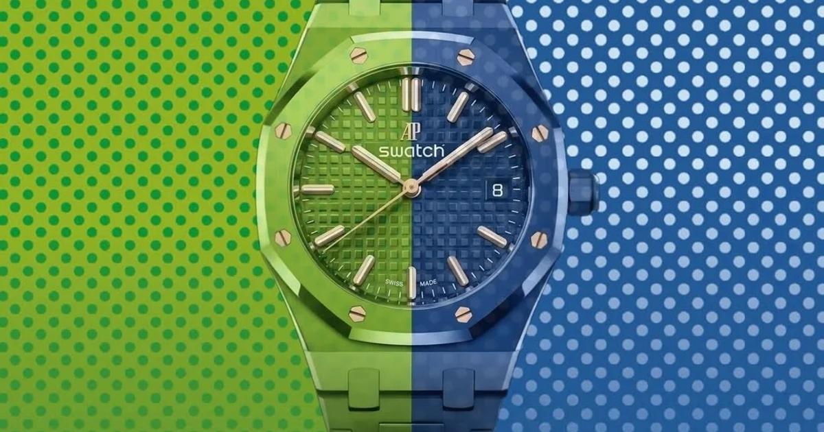 An advertisement split green and blue in halftone dots, a watch in matching green and blue ceramic at the centre, with Royal Pop above and the Swatch and Audemars Piguet names below.