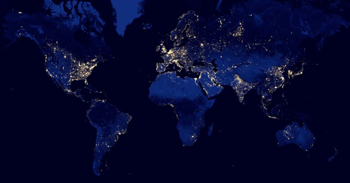 Baudrillard argued that the 'map' of simulation now generates the 'territory' of the real. This view of Earth visualizes this hyperreality, where the glowing network of human signs and systems becomes more real and definitive than the dark, physical landmass it covers.