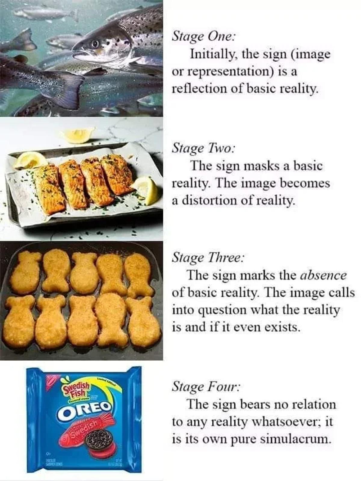 A four stage diagram illustrating the precession of simulacra, moving from live fish, to a cooked fillet, to shaped fish crackers, to a packaged biscuit, each with explanatory text.
