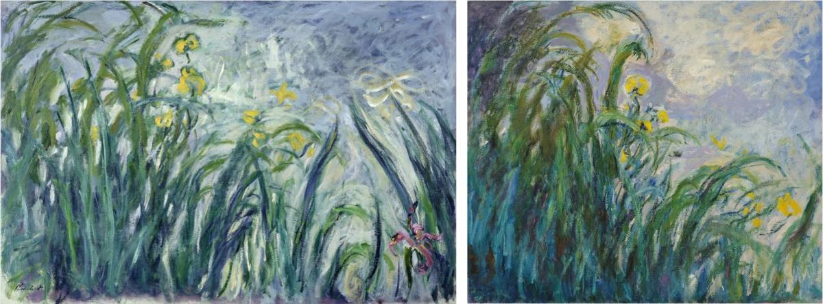 Two paintings of irises side by side in loose late brushwork, yellows and mauves against green blades.