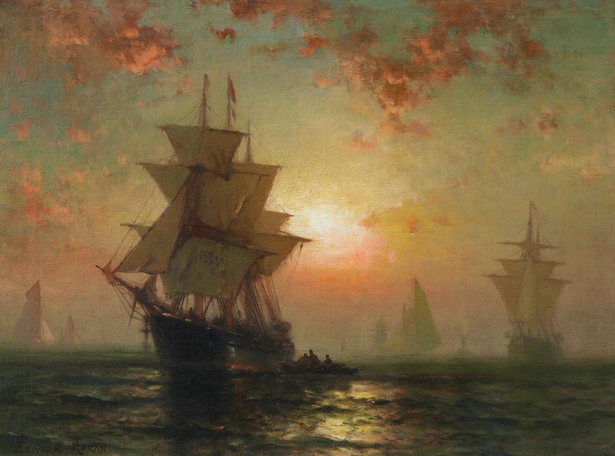 Sailing ships at night on dark water under a clouded moonlit sky.