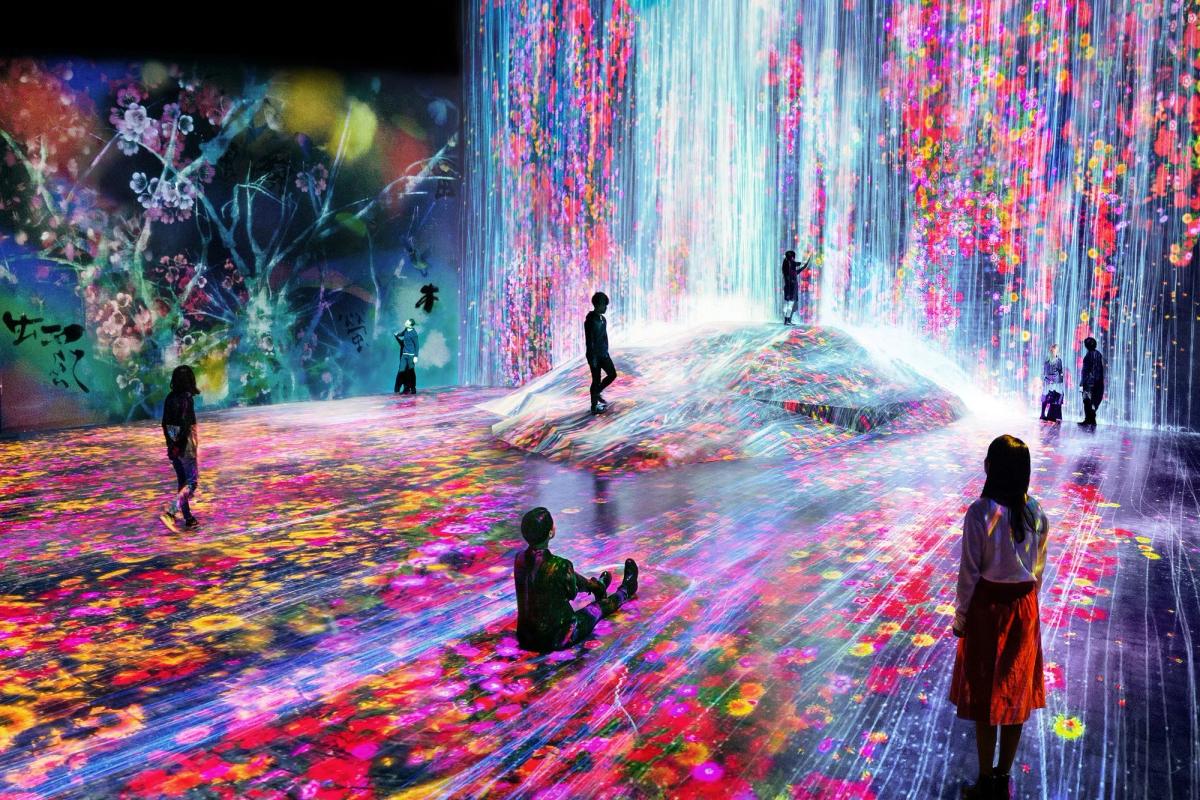 Visitors standing and sitting inside a darkened room entirely covered by a projection of falling flowers in pink, blue and gold across floor and walls.