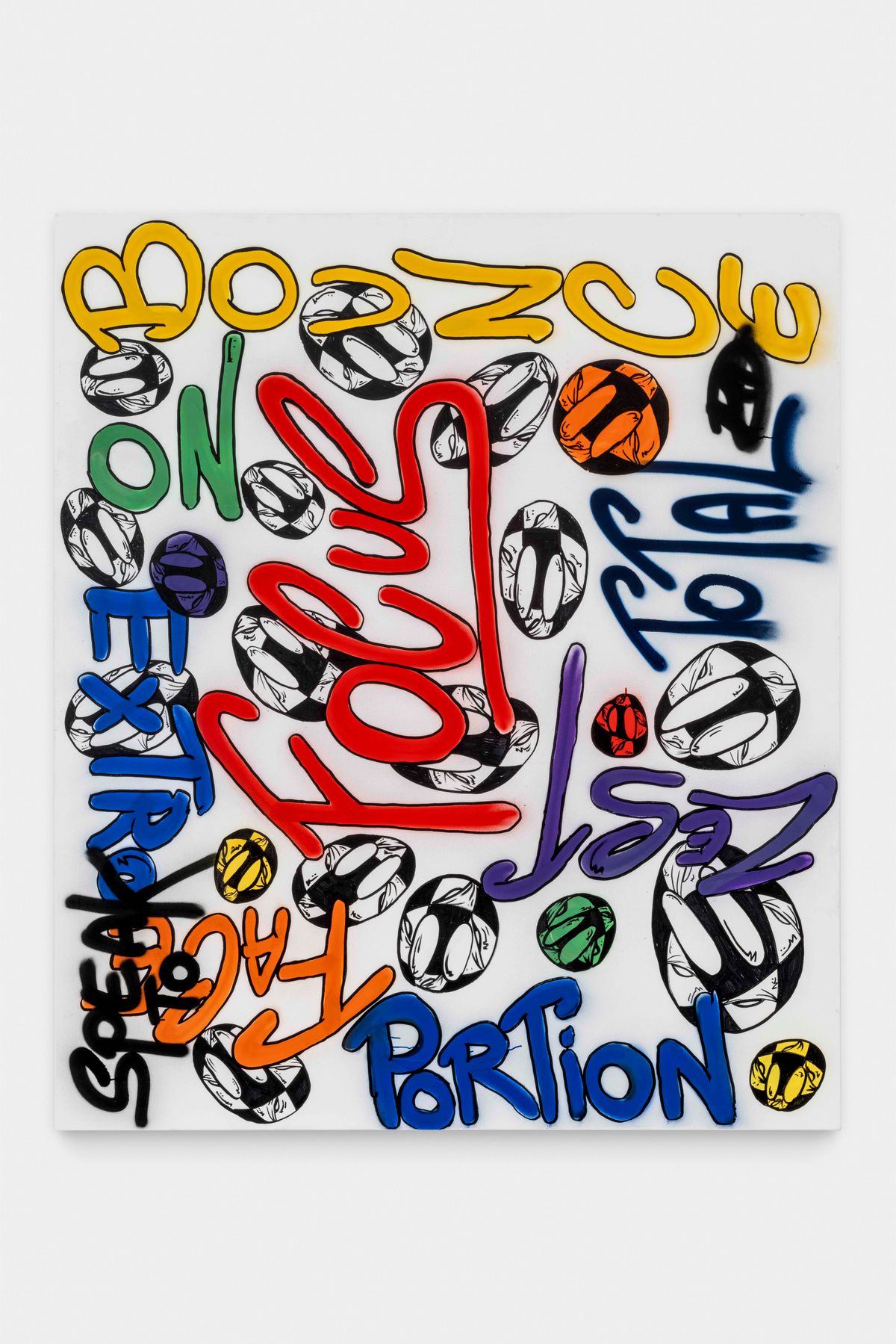 A large canvas covered edge to edge in hand-lettered words and symbols in yellow, red, green, blue, purple and black, with repeated open-mouth motifs across it.