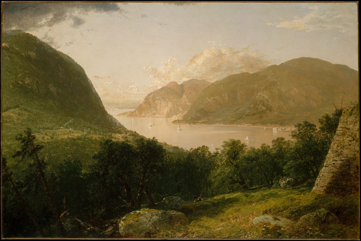 Hudson River Scene, an 1857 oil painting by John Frederick Kensett depicting the broad Hudson River under a luminous open sky