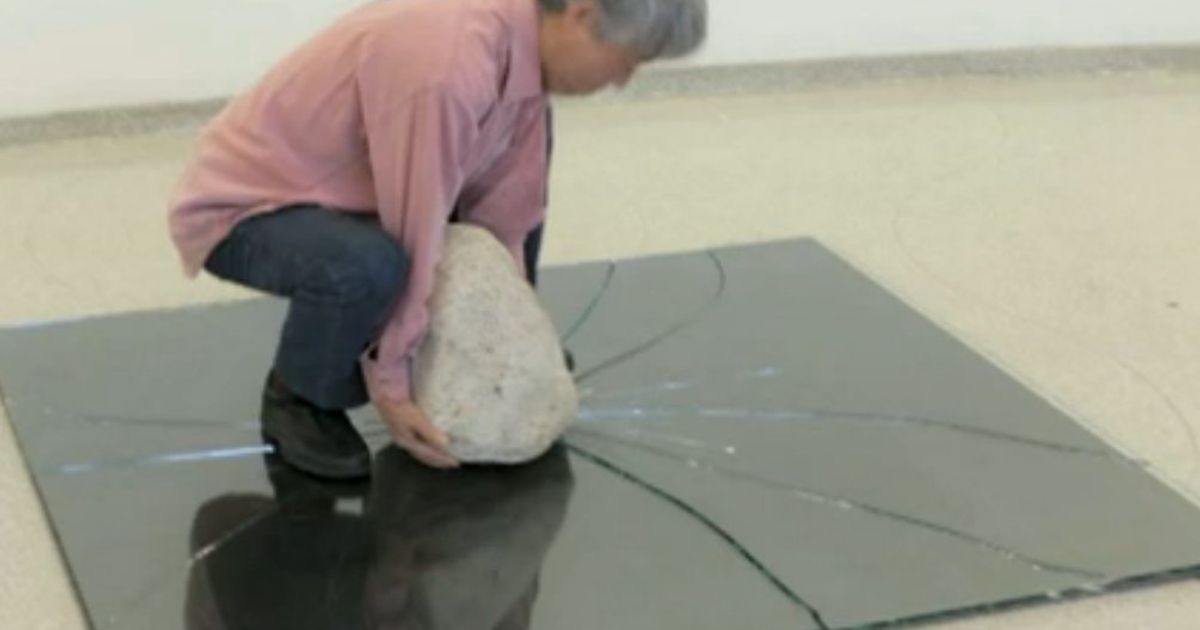Lee Ufan, South Korean minimalist artist, photographed at the Guggenheim Museum with his large-scale installation works