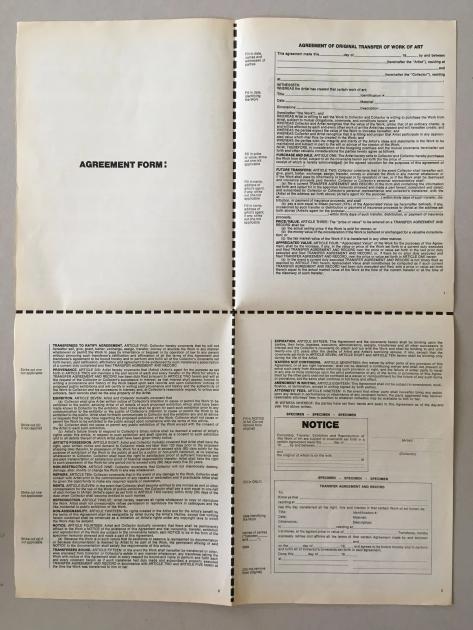 A scanned printed contract headed Agreement of Original Transfer of Work of Art, creased into four panels, its columns filled with dense clauses and a specimen transfer notice.