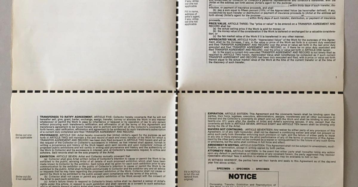 A scanned printed contract headed Agreement of Original Transfer of Work of Art, creased into four panels, its columns filled with dense clauses and a specimen transfer notice.