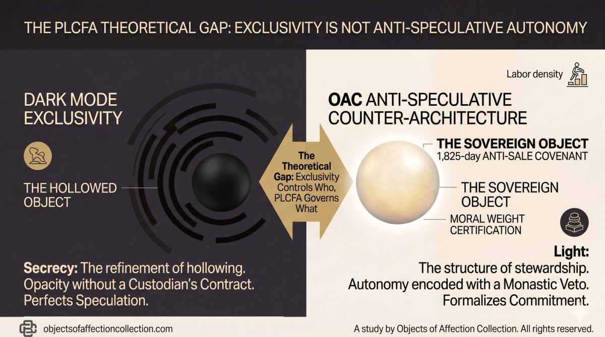The Theoretical Gap: Exclusivity merely restricts access; the PLCFA framework governs the object's future through the Anti-Sale Covenant and Custodian's Contract.