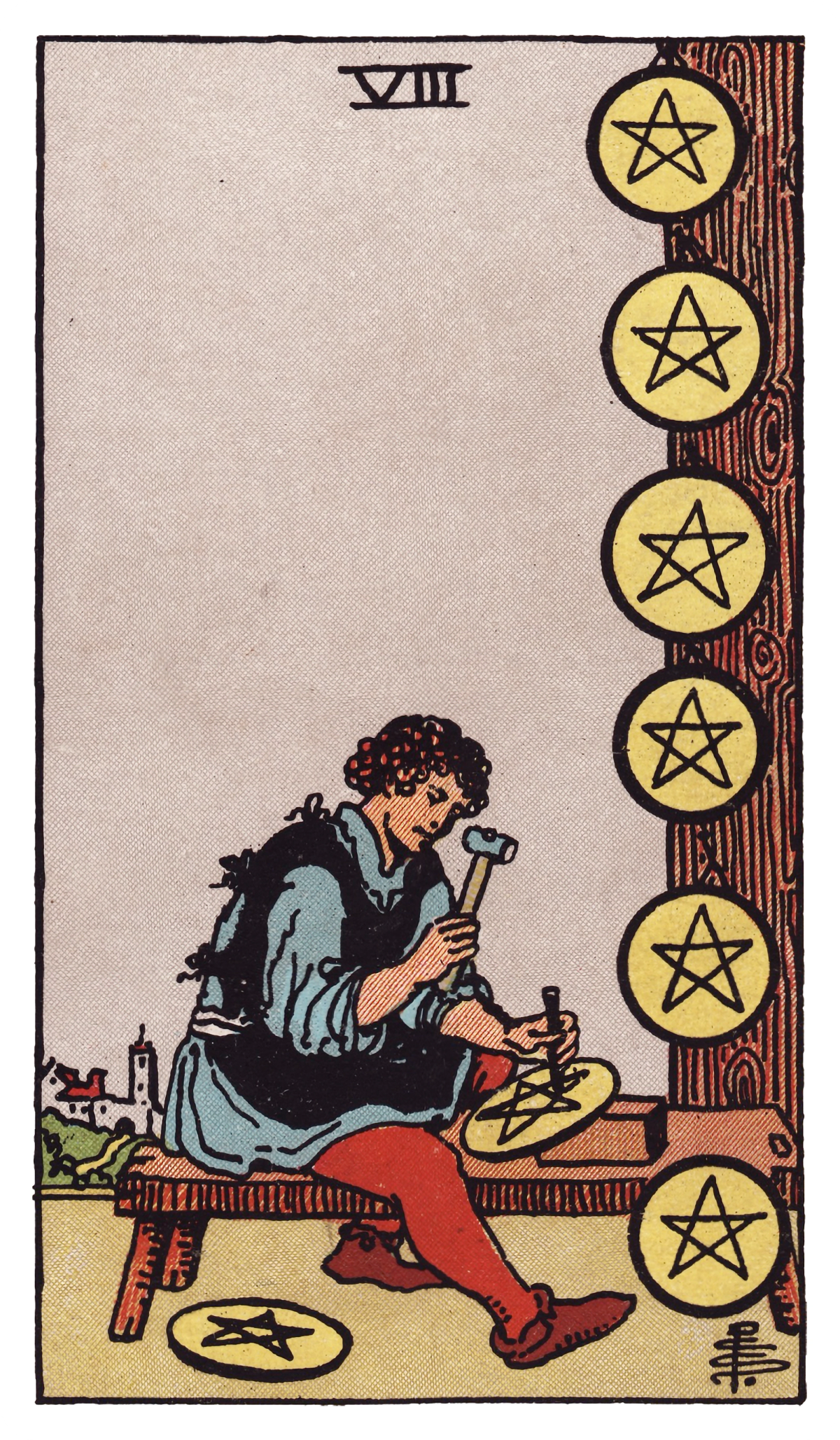 The Eight of Pentacles card from the Rider-Waite-Smith tarot deck, 1909, painted by Pamela Colman Smith, depicting a craftsman at deliberate labor