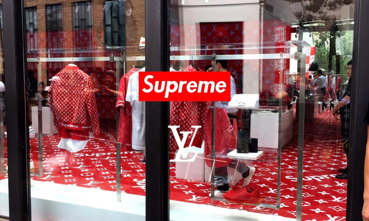  The culmination of subculture appropriation: The collaboration between skate brand Supreme and luxury house Louis Vuitton, where a rebellious subculture's aesthetic is fully commodified by the mainstream luxury market. 