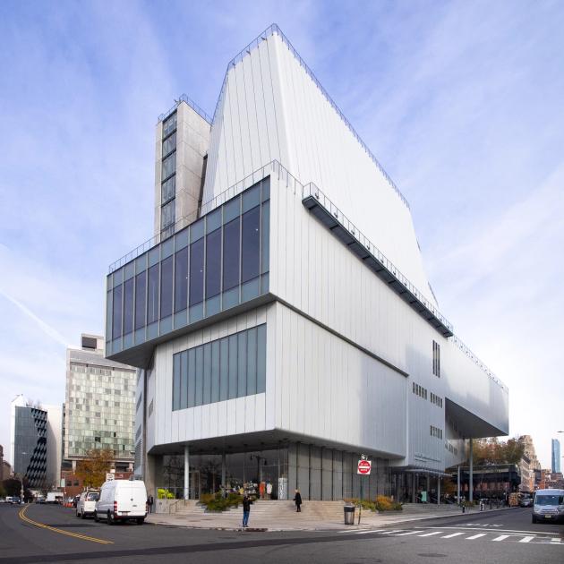 Whitney Museum of American Art exterior at 99 Gansevoort Street, New York, where Mary Heilmann's final major exhibition Long Line ran from April 2025 through January 2026.