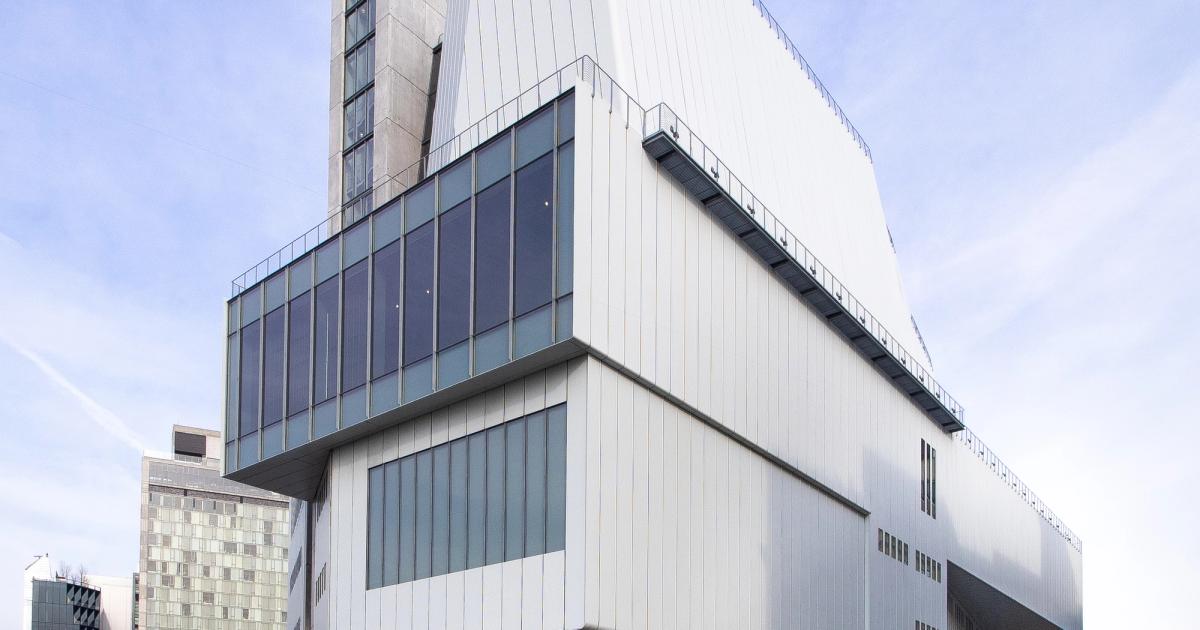 Whitney Museum of American Art exterior at 99 Gansevoort Street, New York, where Mary Heilmann's final major exhibition Long Line ran from April 2025 through January 2026.