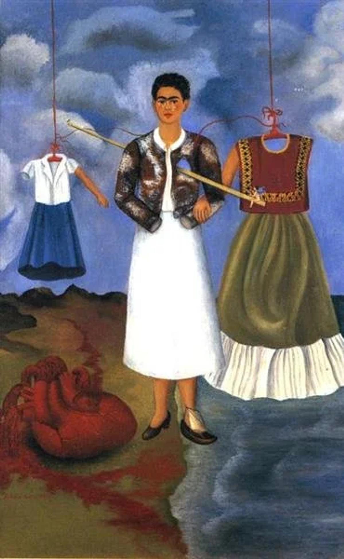A painting of a woman in a white skirt standing on a shore between two hanging garments on wires, a blue and white blouse on one side and a red and green skirt on the other, with a red anatomical heart on the ground.