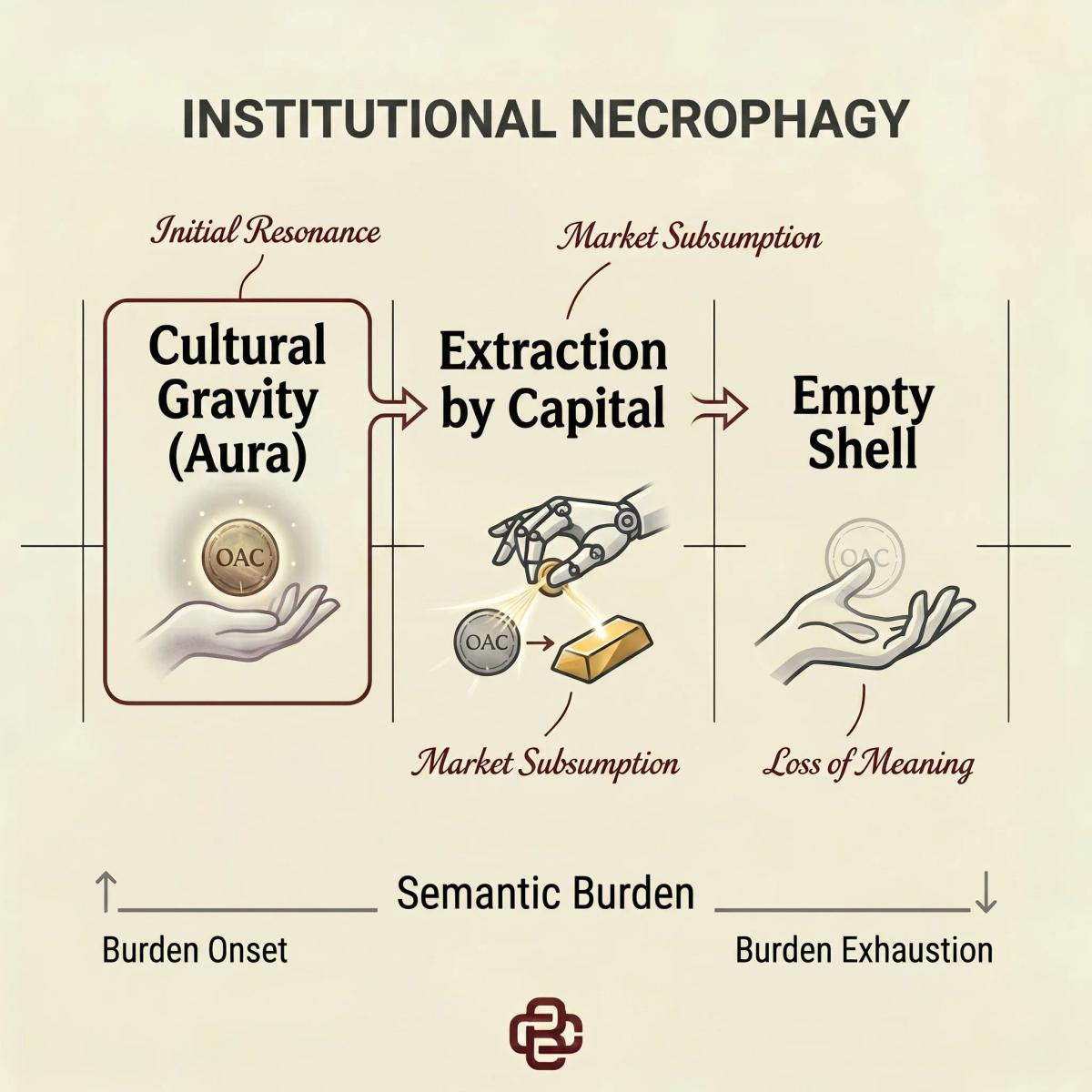 A diagram headed Institutional Necrophagy showing three stages, cultural gravity or aura, extraction by capital, and empty shell, with hands passing a coin between them.
