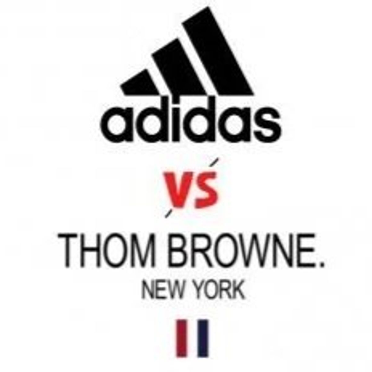 A plain graphic pairing two brand marks, the three stripe adidas logo above the words Thom Browne New York with a small tricolour bar beneath.