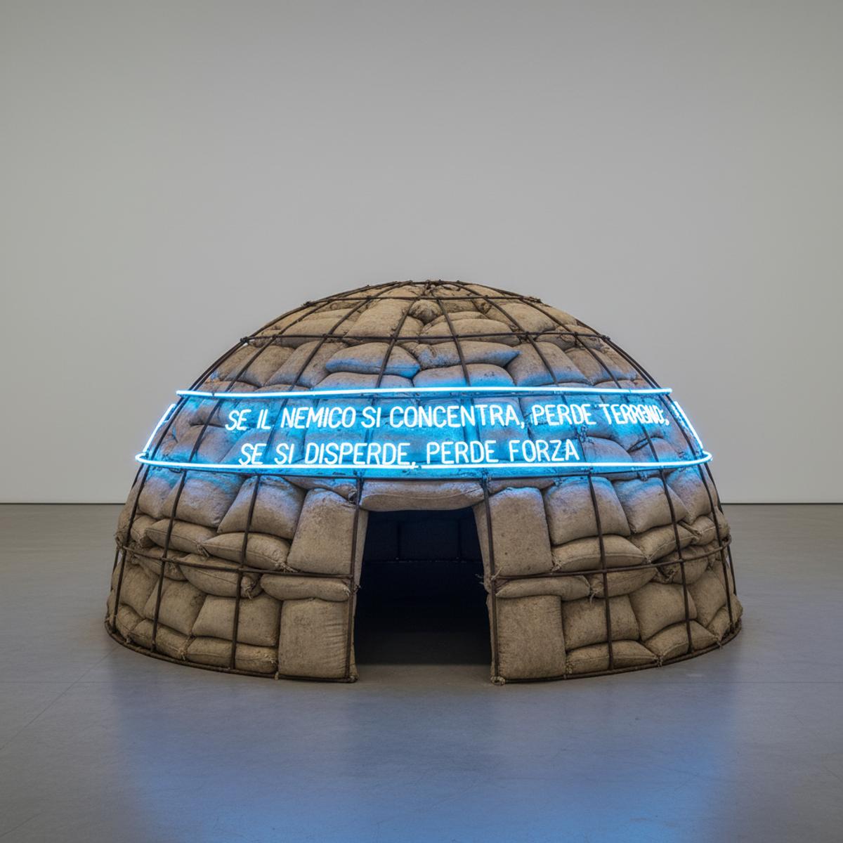 Mario Merz's Igloo di Giap (1968) exemplifies Arte Povera's Material as Manifesto. Constructed from humble bags of clay and a metal skeleton, this primordial dwelling is pierced by a neon tube broadcasting a strategic quote from General Giap: