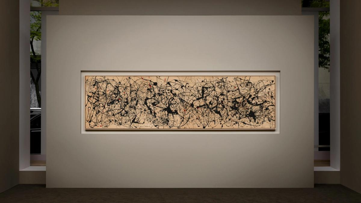  Jackson Pollock,  Number 7A, 1948 . Seen here installed during the public preview, the canvas functions as an all-over, scale-free network that challenges the traditional boundaries of easel painting, presenting the viewer with an irreversible procedural threshold in modern art history.  (Photo: Christie's Images Ltd.)  