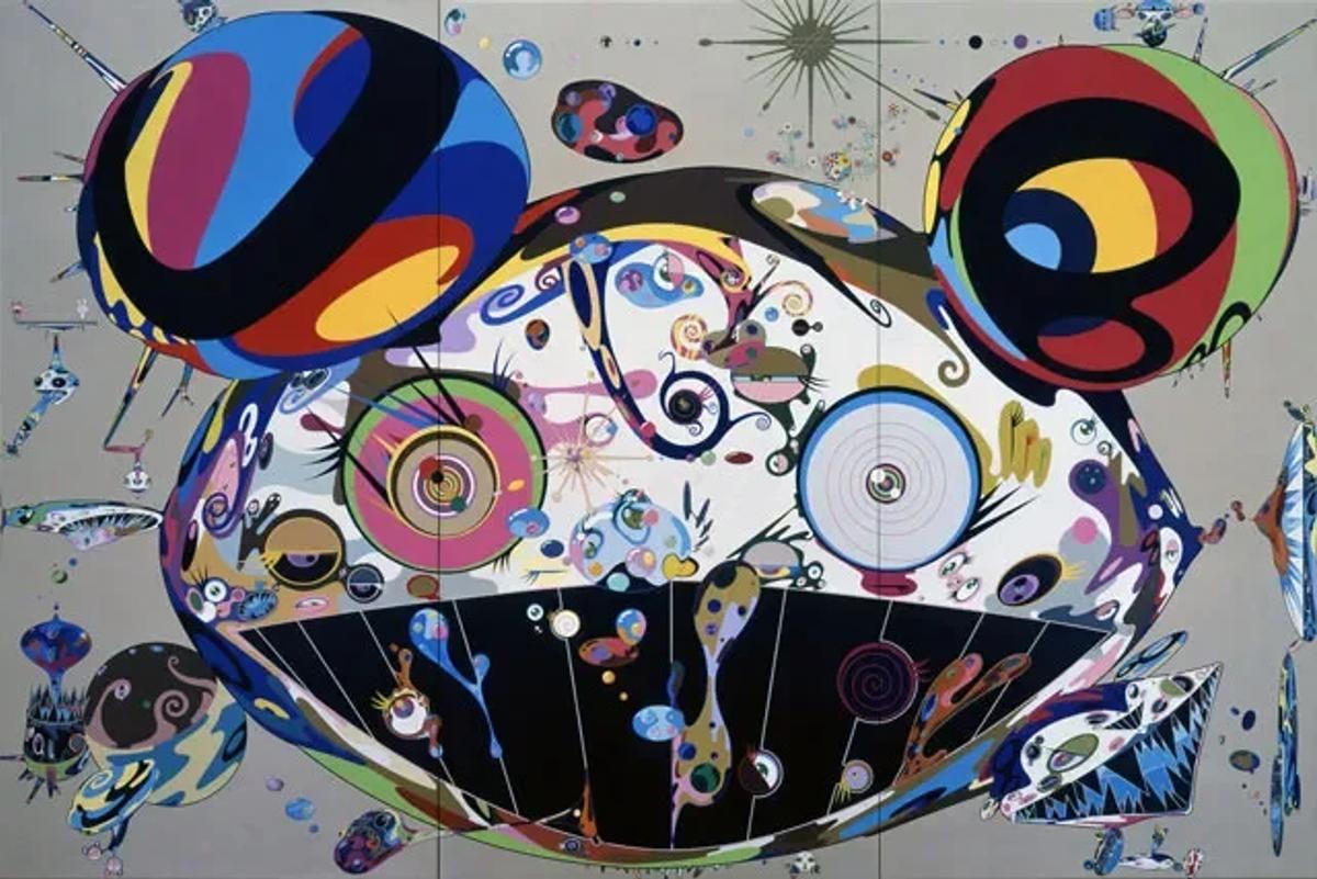 A wide painting of a flattened cartoon face with two round ears, crowded with multicoloured eyes, spirals and flowers over a silvery ground.
