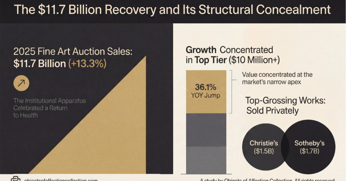 A slide headed The 11.7 Billion Dollar Recovery and Its Structural Concealment, showing 2025 fine art auction sales of 11.7 billion up 13.3 percent, and Christie's 1.5 billion against Sotheby's 1.7 billion sold privately.