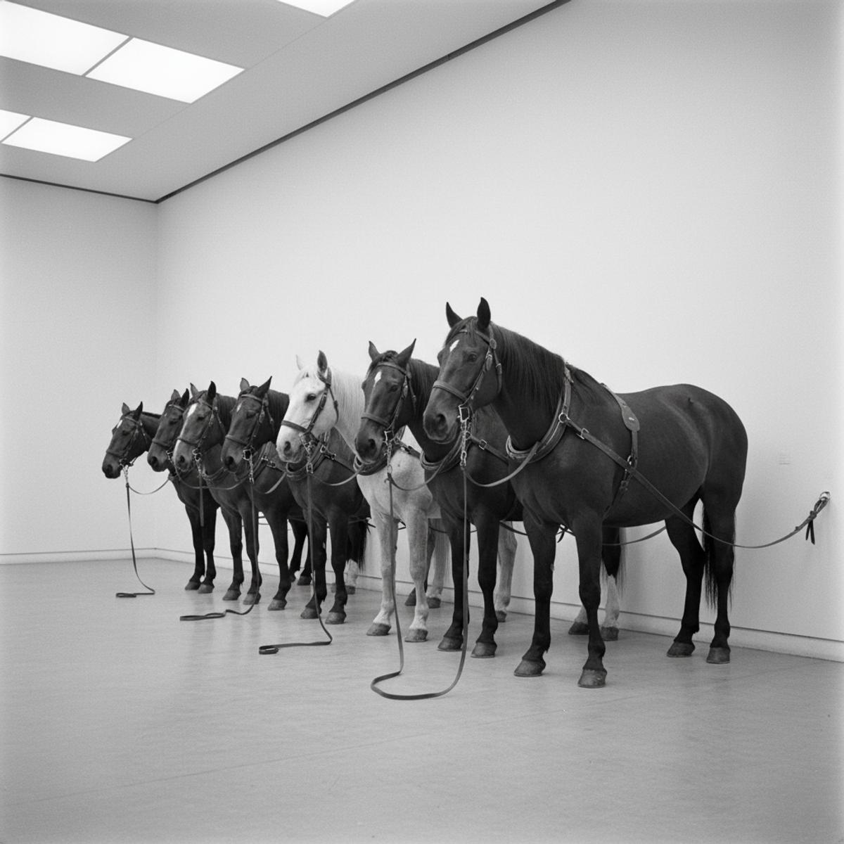 A white gallery space in which a group of live horses stand tethered to the wall by long ropes.