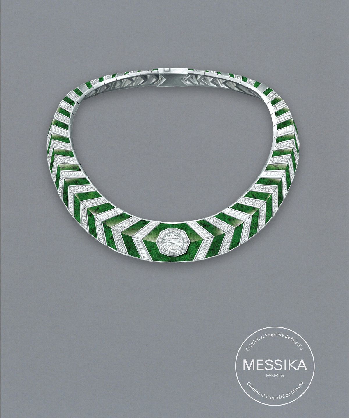 A painted design rendering of a chevron necklace in white gold and diamonds over green panels.