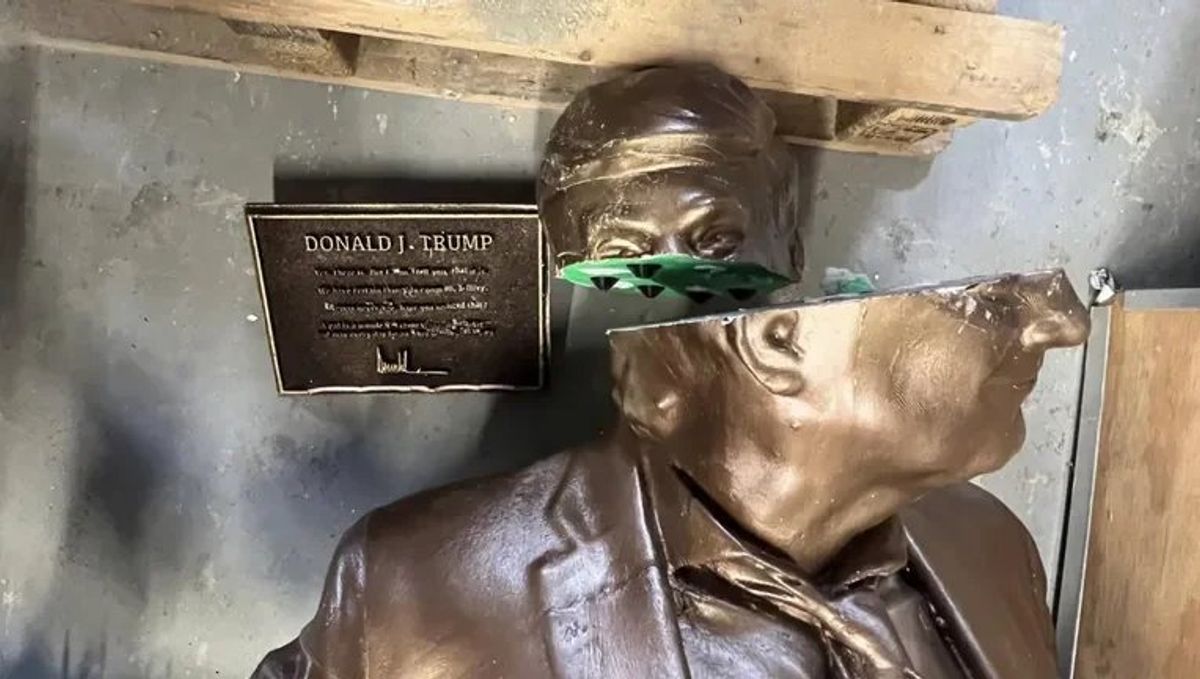 The state intervention as art: The damaged Trump figure following its unsanctioned dismantling by the U.S. Park Police, framing the action as literal suppression of dissent and underscoring the fragility of free expression.