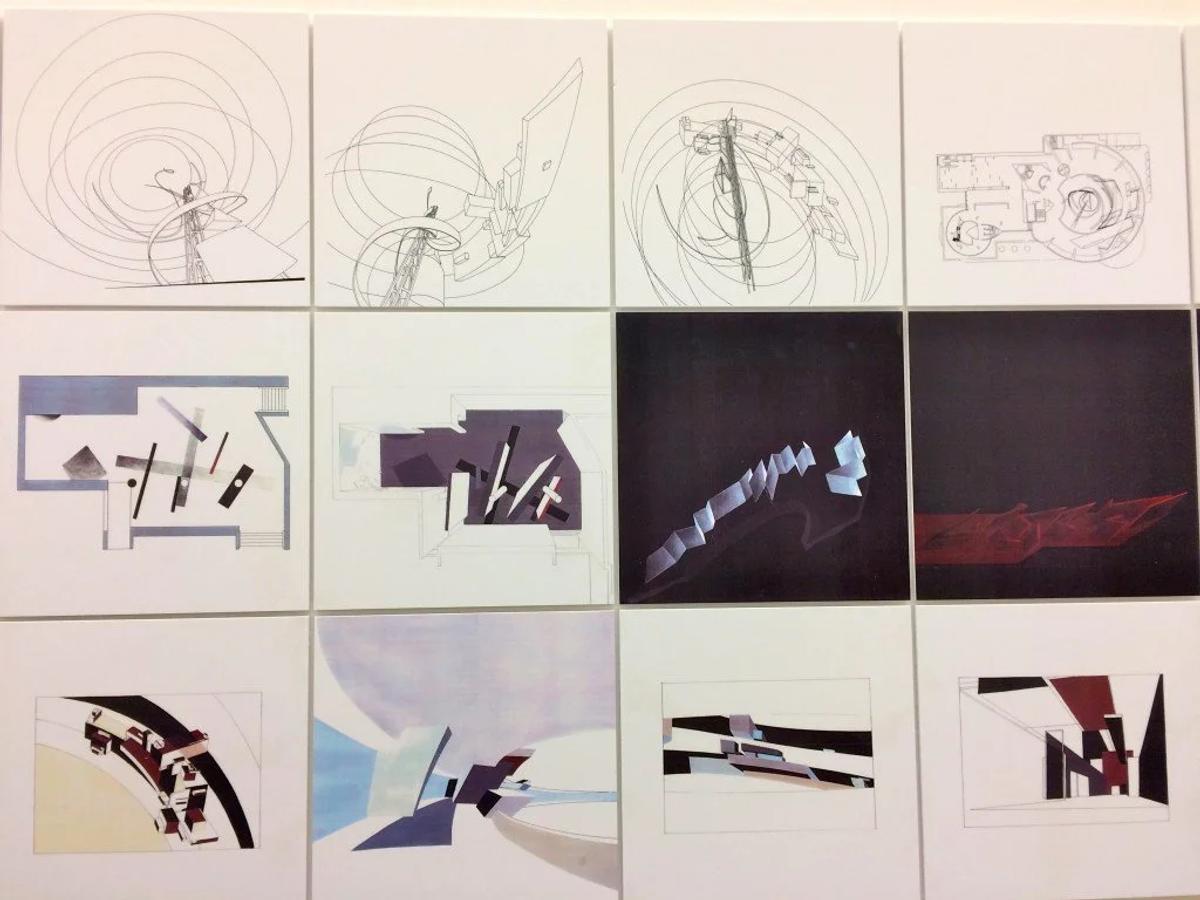This image displays Zaha Hadid's visionary early architectural paintings. Created during her