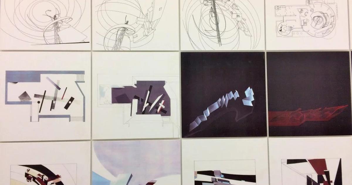 A grid of twelve framed architectural drawings and paintings on a white wall, the upper row fine line perspectives and the lower rows angular abstract compositions in dark and pale colours.