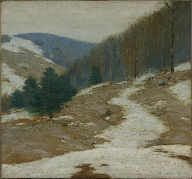 A tonal winter landscape in greys and browns, snow lying in patches on a hillside with bare trees along a ridge, signed in the lower right corner.