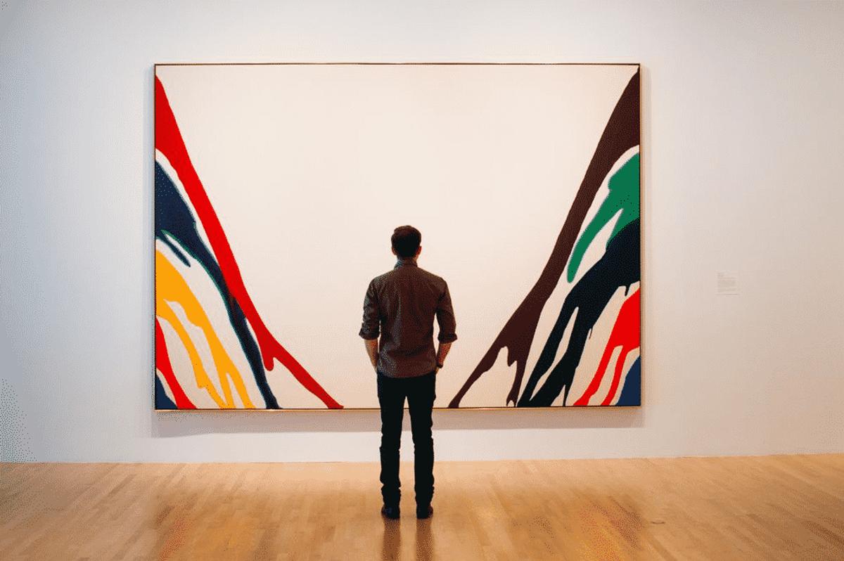 A person standing alone in a gallery before a very large canvas painted with bold curved bands of red, yellow, blue and black.