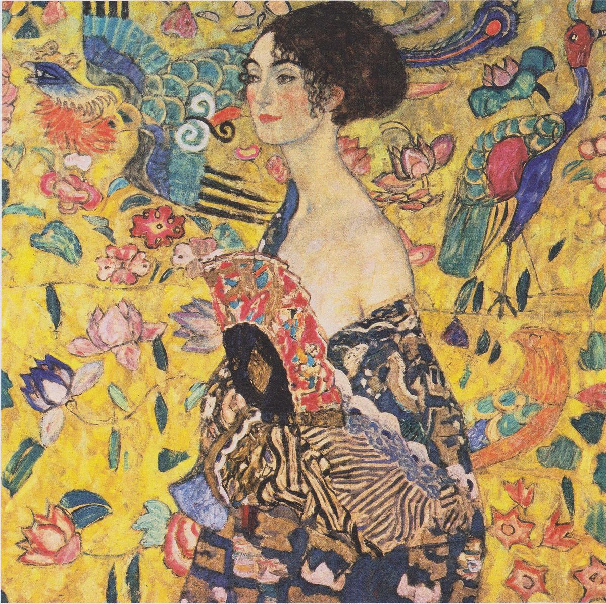 A portrait of a dark-haired woman against a yellow ground patterned with birds and stylised flowers, holding a fan across her shoulder.