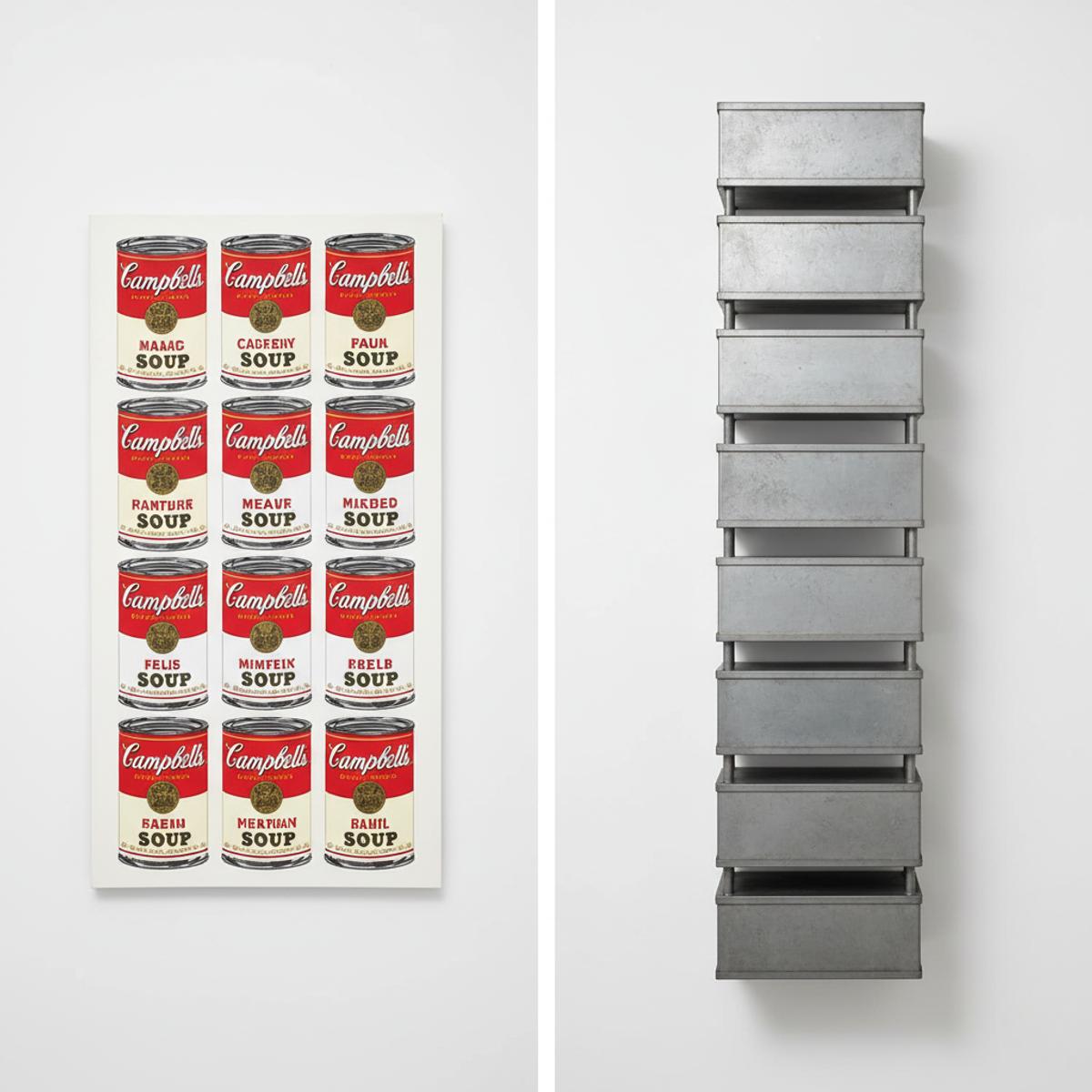 Two works side by side: a grid of twelve painted soup cans in red and white, and a wall mounted stack of identical grey metal boxes.