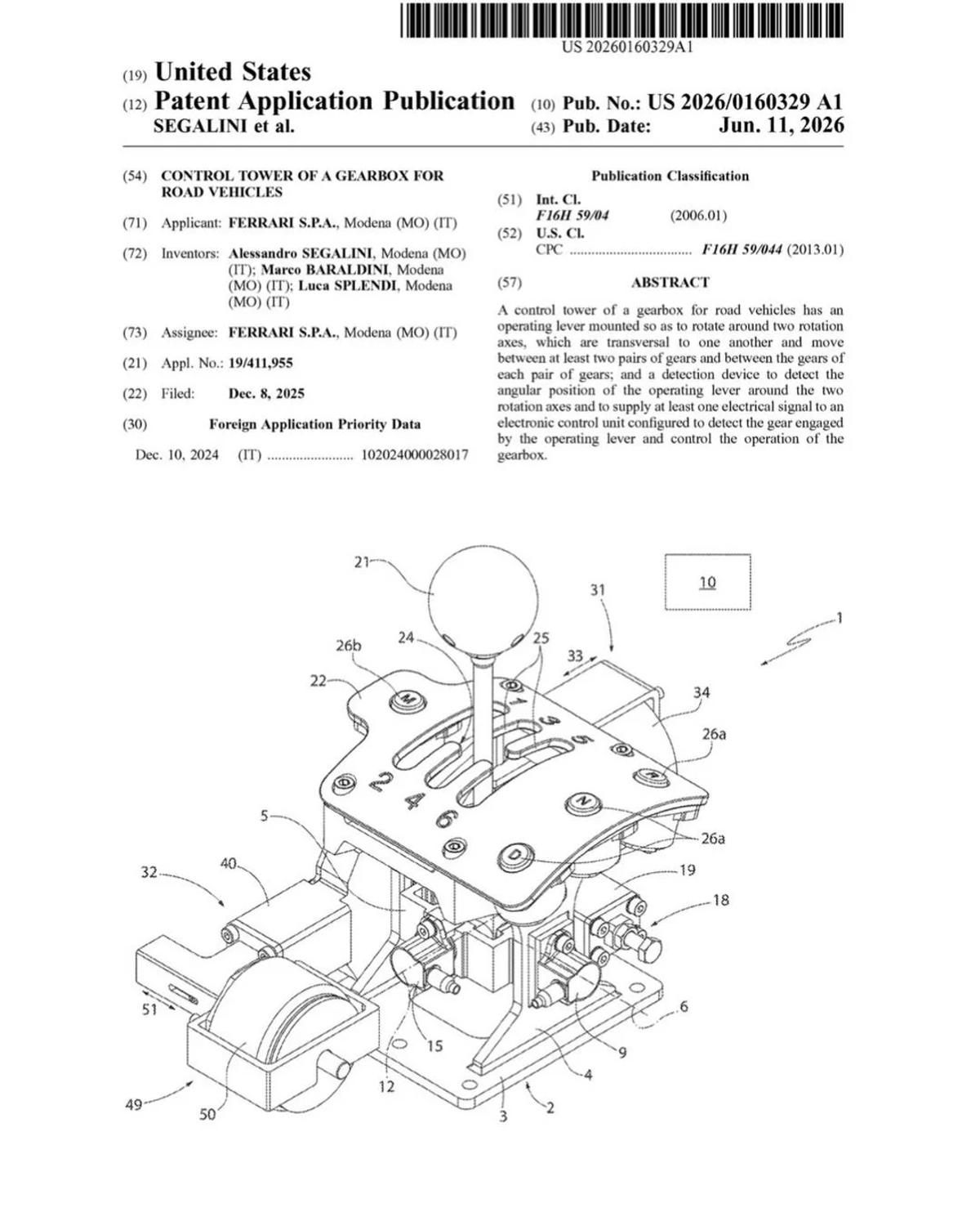 The engineering architecture of the simulation: Ferrari's official June 2026 patent schematic reveals the complex mechanical control tower designed to convert a physical human gesture into a digital command signal. (Source: United States Patent and Trademark Office / Ferrari S.p.A.)