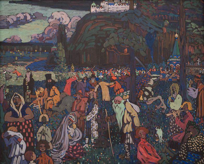 A densely crowded painting of many small figures in bright robes before a dark hill topped by a walled town, in blues, reds and whites.