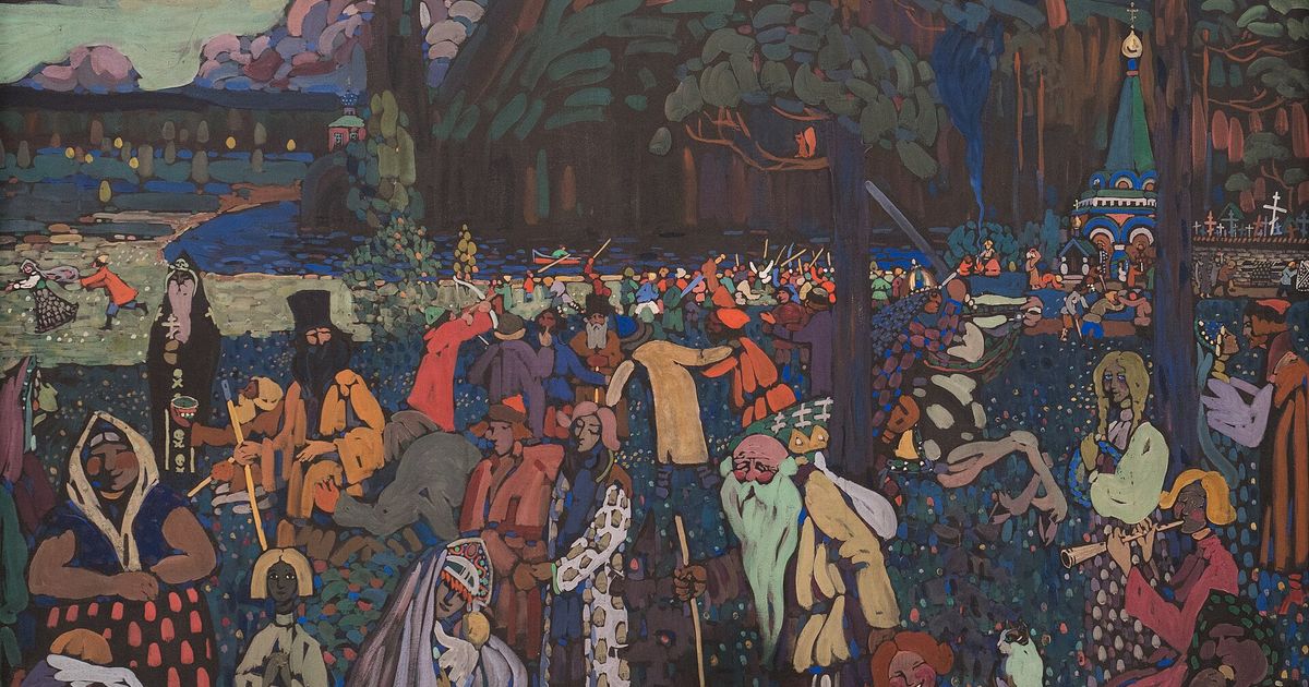 A densely crowded painting of many small figures in bright robes before a dark hill topped by a walled town, in blues, reds and whites.
