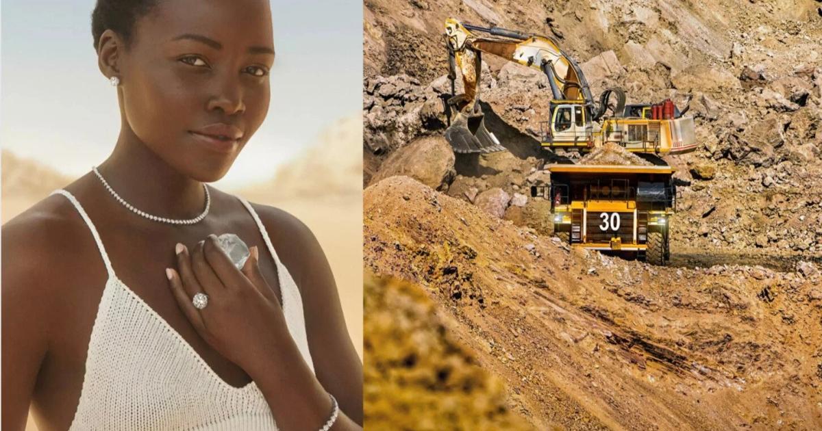 A two panel image: a woman in a white knit top wearing a diamond necklace and large diamond ring, beside an open pit mine where an excavator loads a haul truck marked 30.