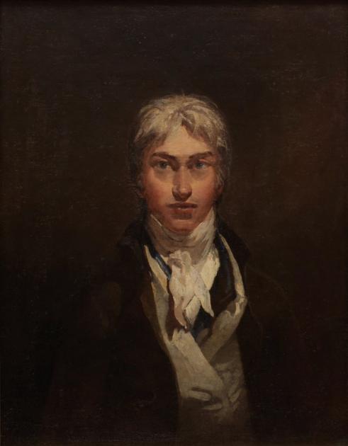 A dark oil portrait of a young man facing the viewer, in a dark coat with a white neckcloth and a pale waistcoat, the lower half of the canvas thinly painted.