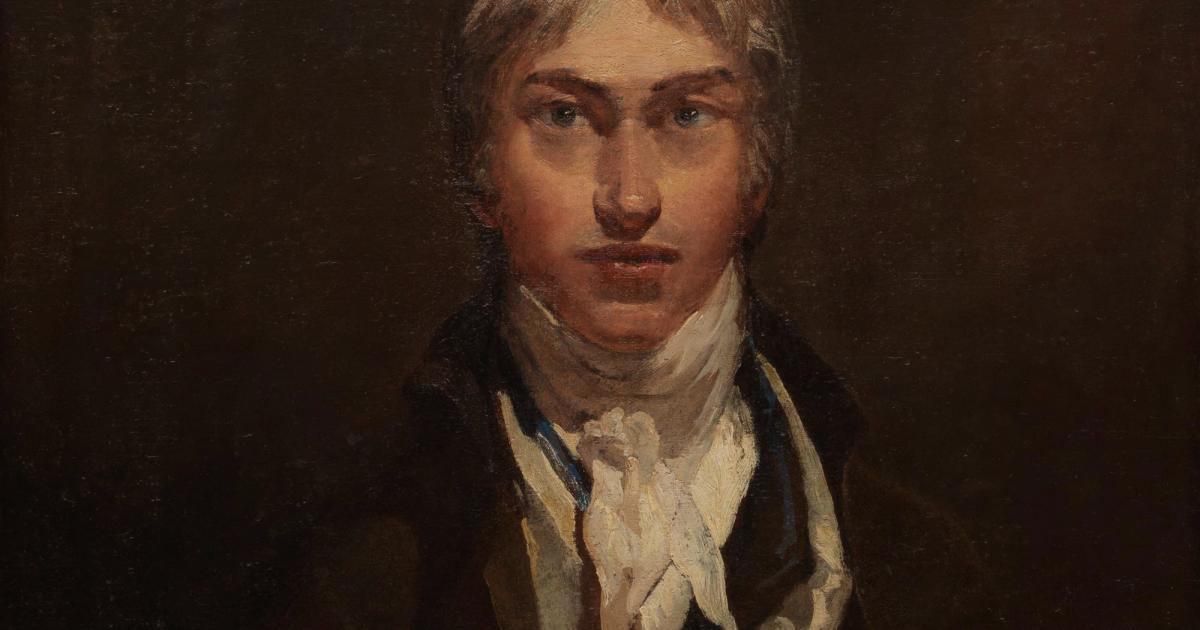 A dark oil portrait of a young man facing the viewer, in a dark coat with a white neckcloth and a pale waistcoat, the lower half of the canvas thinly painted.