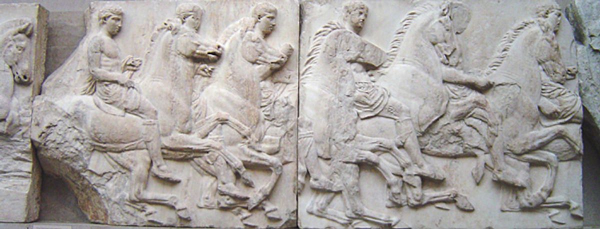 Two weathered marble relief blocks showing riders and horses in procession, carved in shallow relief.