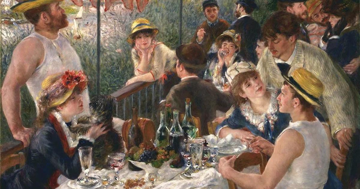 A painting of a lunch party on a covered riverside terrace, men in straw hats and women in summer dress around a table of bottles, glasses and fruit on white cloth.