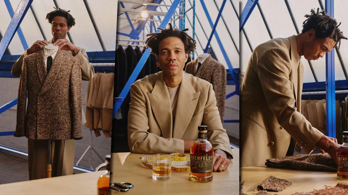 Charlie Casely-Hayford in press photos for his partnership with Aberfeldy Scotch Whisky.