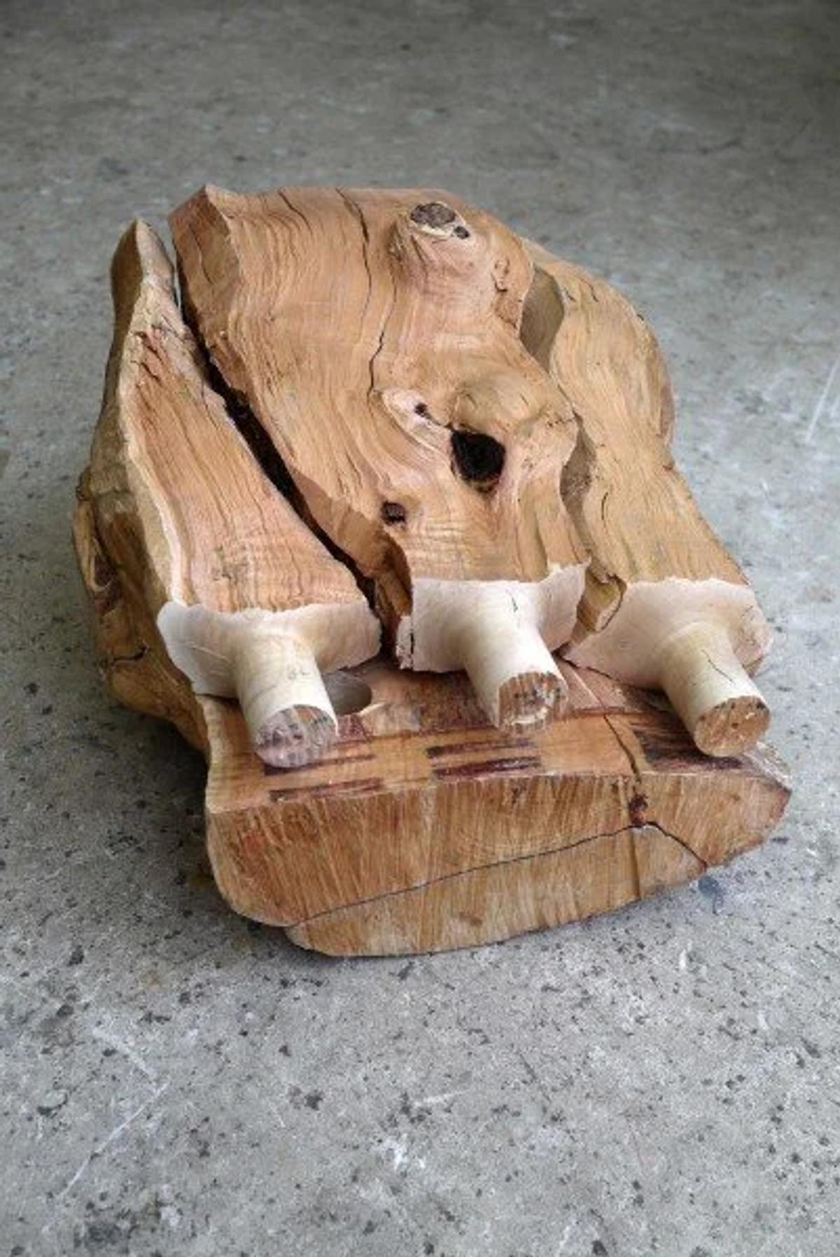 The Scarred Relation: The structural reality of the splitting process is left completely transparent, transforming the natural fractures and grain configurations of the timber into the primary architectural feature of the seat.