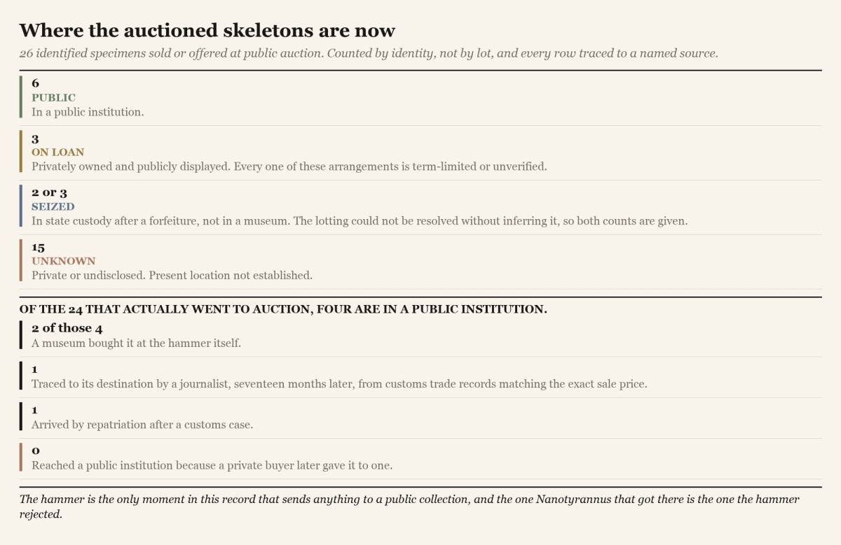 A figure counting where 26 auctioned or offered fossil specimens are now, separating public institutions from private and undisclosed holdings.