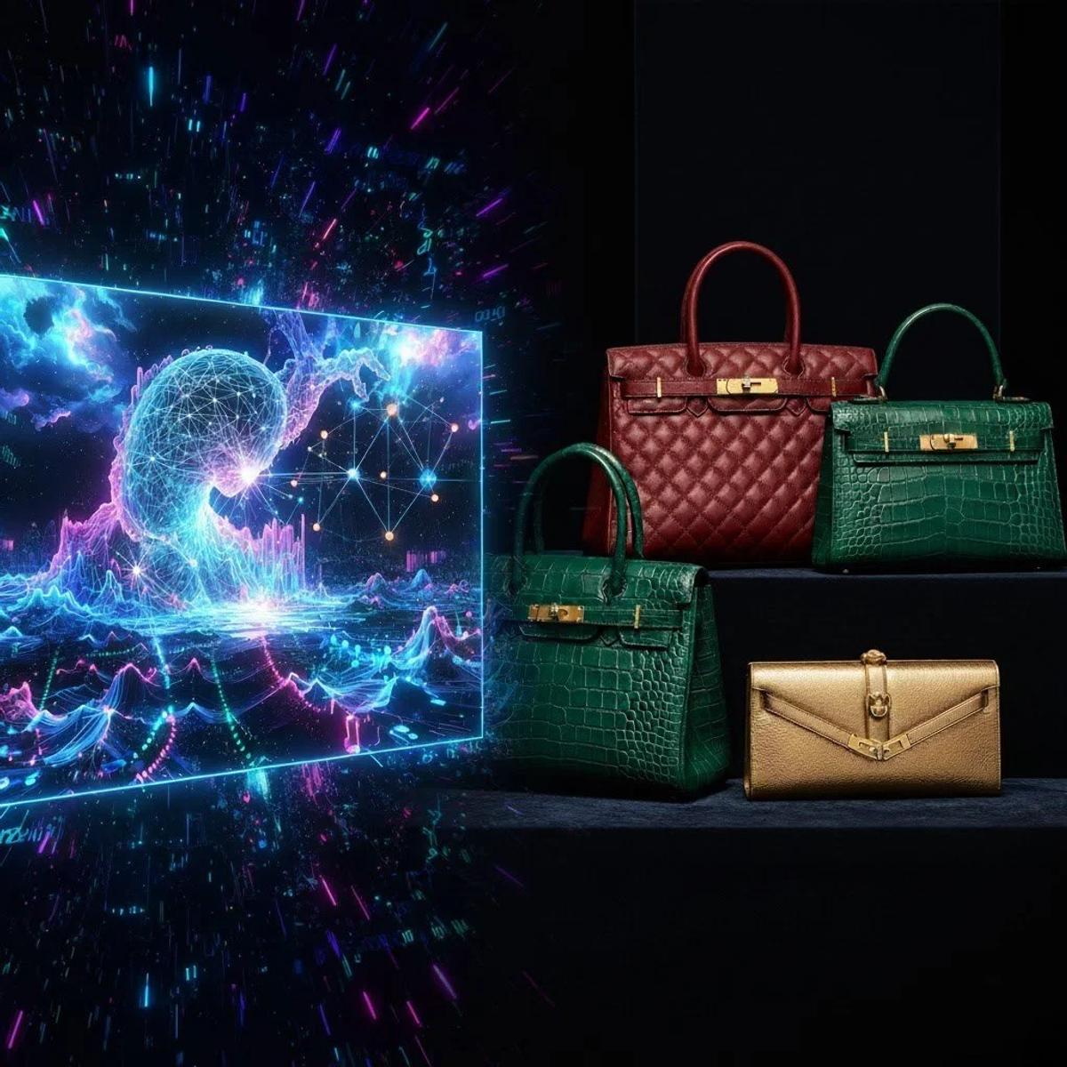 A group of crocodile and quilted handbags in red, green and gold arranged before a screen showing a glowing network of blue and pink light.