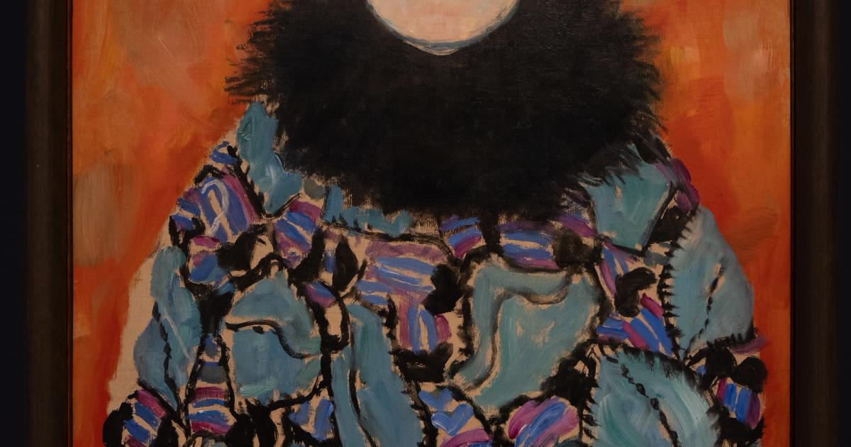 An unfinished Klimt portrait of a woman in a patterned fur-collared coat, the lower canvas left bare.