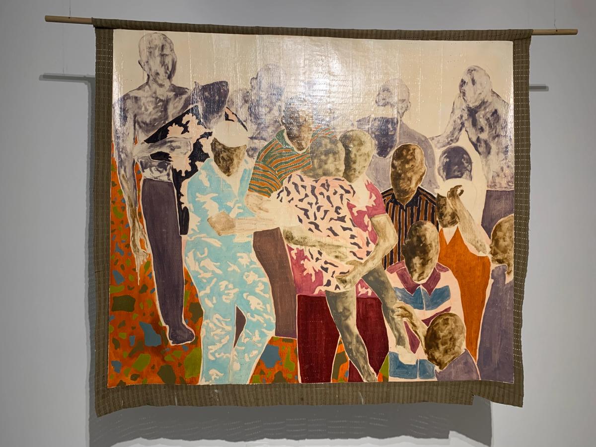 A single Nengi Omuku painting on sanyan textile exhibited at Bangkok Art Biennale 2022, depicting faceless figures in a lush, collectivized landscape.