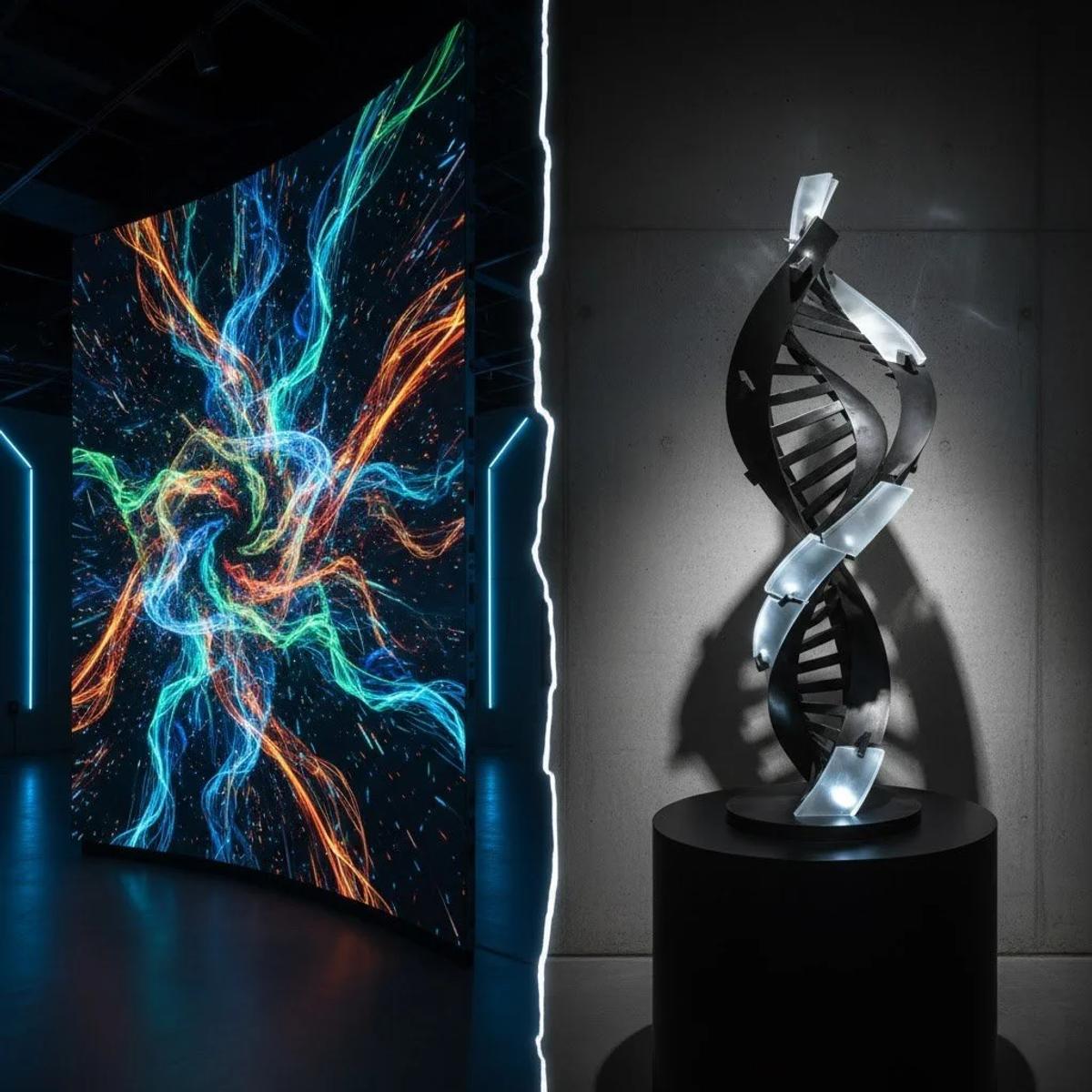 A dark exhibition space with a large screen of glowing multicoloured filaments beside a polished metal double helix sculpture lit on a black plinth.