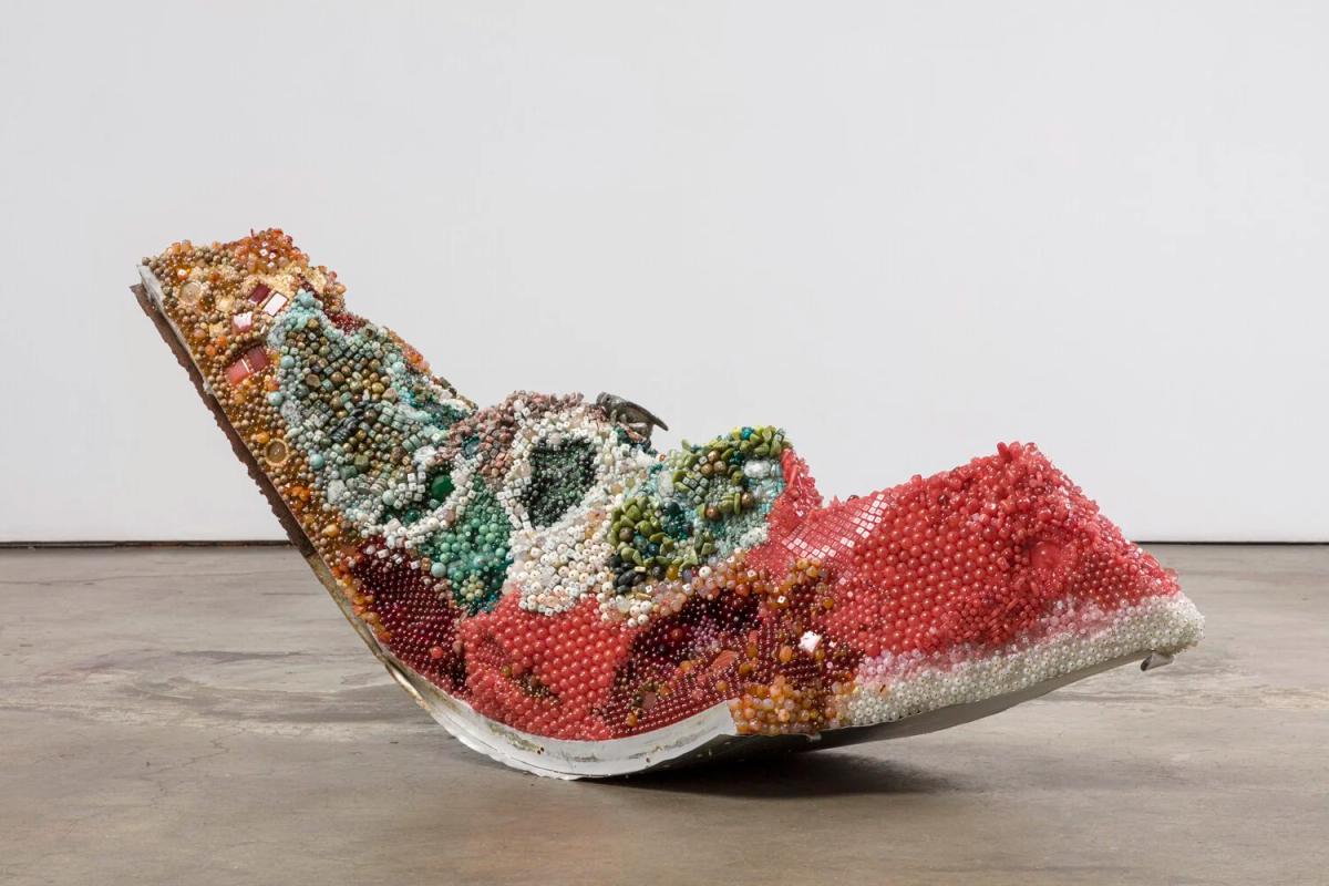 Kathleen Ryan, Bad Melon , 2020. The integration of a 1973 Airstream Safari camper hull as the structural rind anchors the Sedimentary Object framework directly into the post-war American industrial project, forcing a dialogue between traditional vanitas precarity and modern material obsolescence.