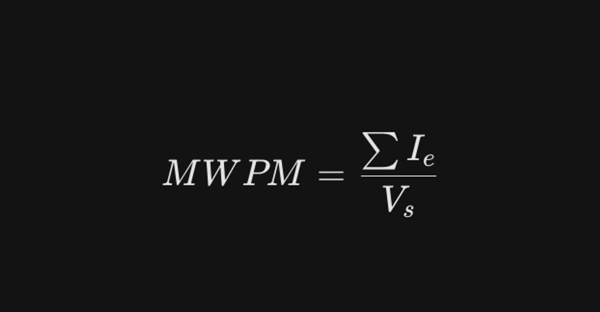 A black slide showing a formula in white serif type, moral weight per material written as the sum of I subscript e divided by V subscript s.