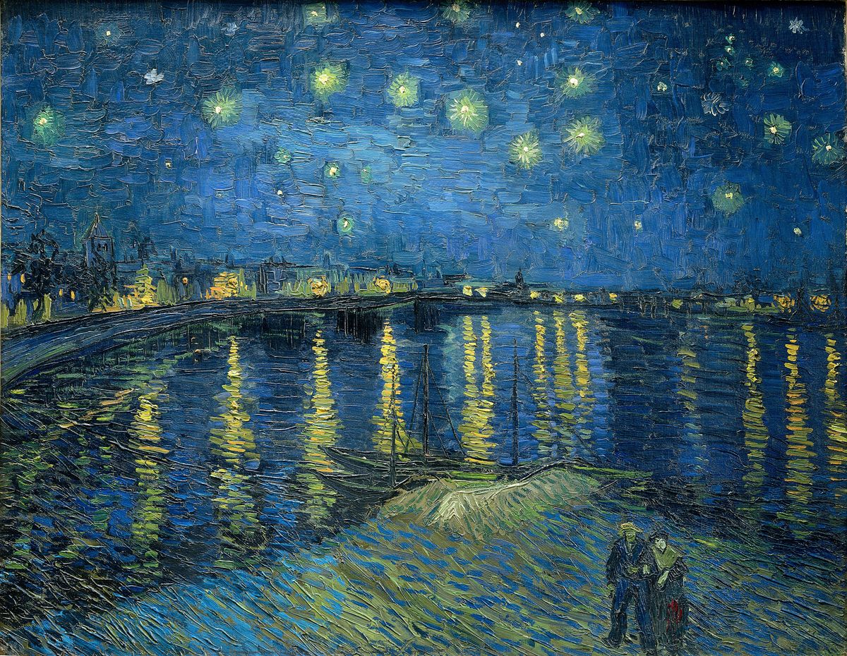 A night view across a river, gaslights on the far bank doubled in the water, a constellation overhead.